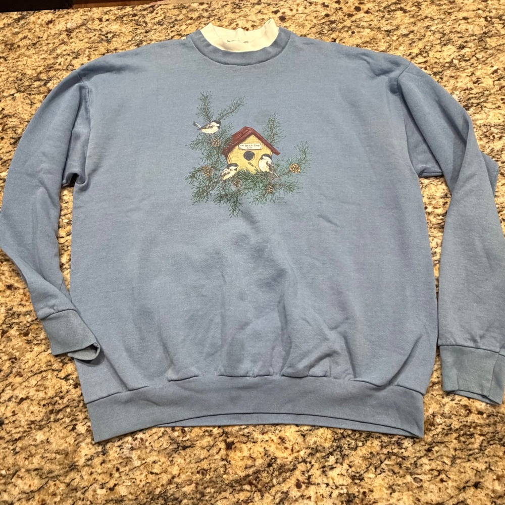 Artisans Vintage Chickadee Birdhouse Sweatshirt Blue XL Double Neck Cottagecore